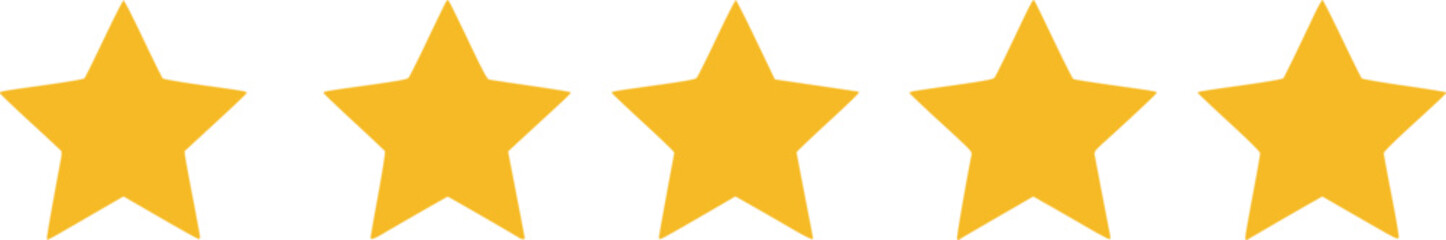 Rating symbol set of five pointed yellow golden stars quality rating product or service quality assessment simple minimal icon sign label vector design transparent background