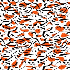 Seamless abstract textured pattern. Simple background with black, orange, white texture. Digital brush strokes. Lines, stains. Design for textile fabrics, wrapping paper, background, wallpaper, cover.