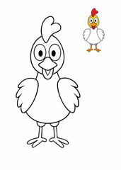 A fun and simple chicken coloring page featuring a cute, plump chicken with fluffy feathers, a bright beak, and a small comb, perfect for kids to color and enjoy.