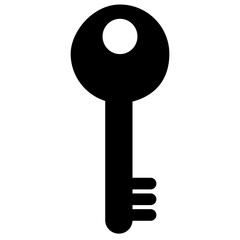 A minimalistic black silhouette of a key icon with a circular head and rectangular teeth on a transparent background.