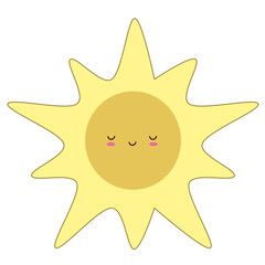 Cute cartoon sun with a smiling face on a transparent background, displaying a cheerful expression.