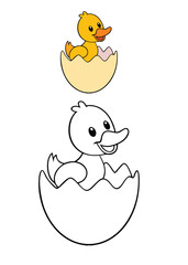 A fun duck coloring page featuring a cute duck standing near a pond with reeds and flowers. Perfect for kids to color and explore their creativity with vibrant hues!