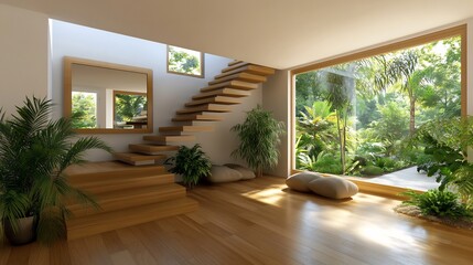 Modern Tropical Home Interior Design with Wooden Staircase