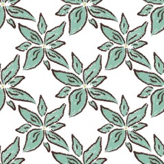 Seamless abstract botanical pattern. Simple background with brown, green, white texture. Digital brush strokes. Flowers. Design for textile fabrics, wrapping paper, background, wallpaper, cover.