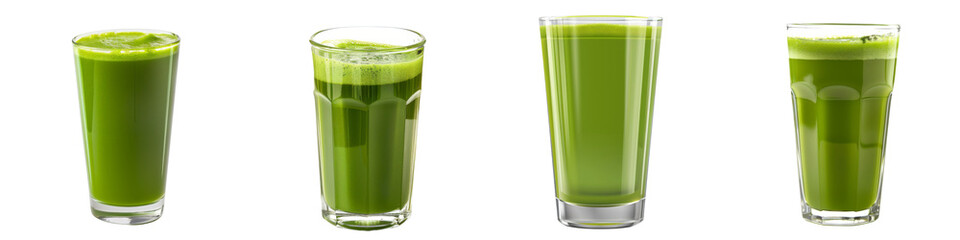 Collection of glass with green milk isolated on transparent or white background