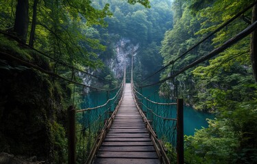Obraz premium Wooden Suspension Bridge Over Lush Green Canyon Lake