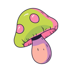Trippy drawn style acid colors cartoon mushroom character. Retro amanita vector sticker isolated on white background. Vintage, groovy style colorful sticker. Psychedelic green, pink colors element.