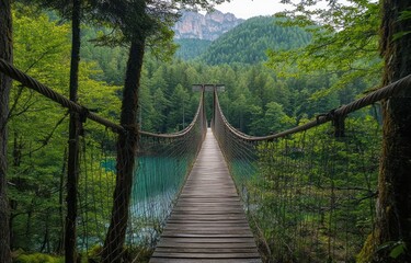 Obraz premium Wooden Suspension Bridge Over Lush Green Forest