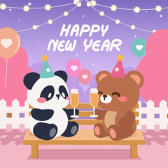 Fototapeta premium Kawaii Panda and Bear Celebrating New Year with Balloons and Lights. Happy New Year Illustration with Cute Animal Friends. Adorable New Year Party Scene Featuring a Panda and Bear.