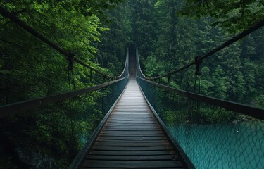 Fototapeta premium Wooden suspension bridge crossing a lush green forest