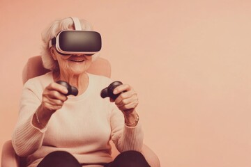 Elderly woman experiences virtual reality while smiling and holding controllers in a cozy setting