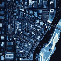 Urban Cityscape Displayed in a Dark Blue Aerial View During the Evening, Showcasing Buildings, Roads, and Rivers in a Vibrant Metropolis