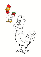 A vibrant rooster coloring page featuring bold feathers, a bright red comb, and a proud stance, perfect for adding your own colorful touch to this farmyard classic!