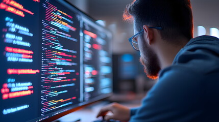 IT Specialist Analyzing Server Codes on Large Monitor in Modern Workspace