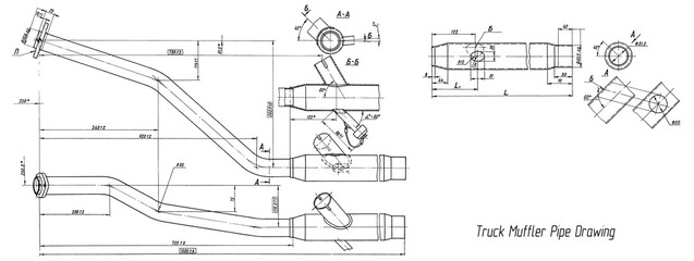 Obraz premium Truck muffler pipe assembly drawing. Engineering mechanical draft of cargo vehicle. Industrial cad scheme on white paper sheet. Technology design of machine building industry. Machined template.