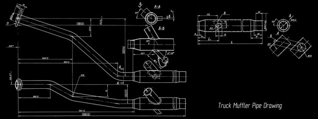 Truck muffler pipe assembly drawing.
Engineering mechanical draft of cargo vehicle. 
Industrial cad scheme on paper sheet. 
Technology design of machine building industry. 
Machined template.