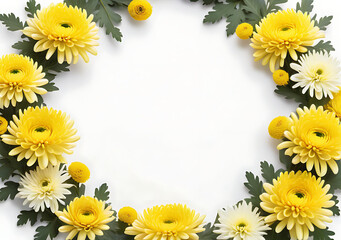 Obraz premium Chrysanthemum Floral Wreaths Surround Yellow Flowers On A White Background With A Clear Area For Text.