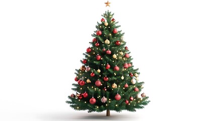 Obraz premium A decorated Christmas tree with red and gold ornaments, lights, and presents.