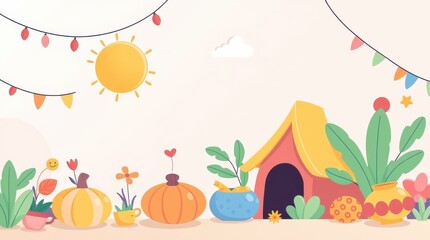 Festive garden scene with colorful pots and sun whimsical background digital art cheerful atmosphere
