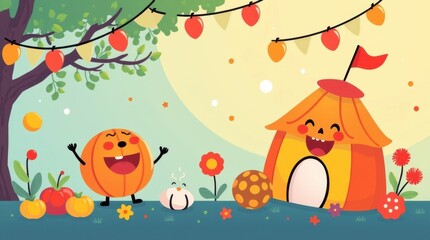 Obraz premium Cheerful pumpkin characters at a festive outdoor gathering vibrant background playful illustration whimsical atmosphere