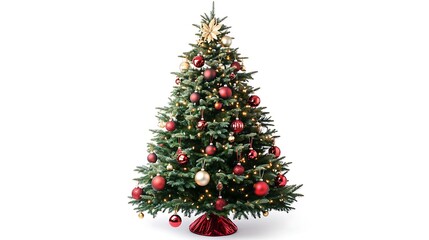 Fototapeta premium A decorated Christmas tree with red and gold ornaments, lights, and presents.