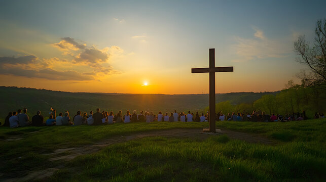 A peaceful Easter sunrise service held on a hilltop with attendees gathered around a cross.