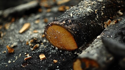Close-up of a cut log surrounded by ash and wood shavings, suggesting a rustic setting.