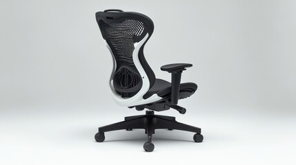 Black and white ergonomic office chair, rear view, featuring mesh back and adjustable armrests,  on a plain white background..