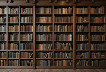 Wooden Bookshelf Filled with Vintage Books - High-Resolution Library Stock Photo, Generative AI.