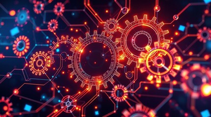 Dynamic gears and circuitry digital space abstract illustration tech background close-up view futuristic concept