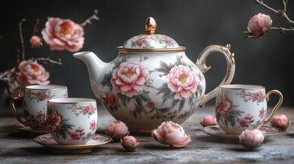 Elegant porcelain teapot and teacups with floral design on rustic surface.