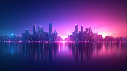 Obraz premium Vibrant City Skyline at Dusk with Colorful Neon Lights Reflection