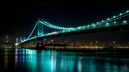 Obraz premium Illuminated Sky Bridge Over Reflective Waters at Night Showcasing City Skyline Beauty