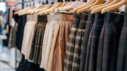Obraz premium Skirts in a variety of beige and black shades are hung in an organized manner for shoppers