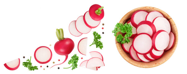 Radish with slices in a wooden bowl isolated on white background. Top view. Flat lay