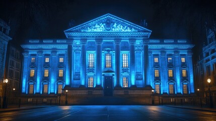 Fototapeta premium Blue-lit classical building at night.