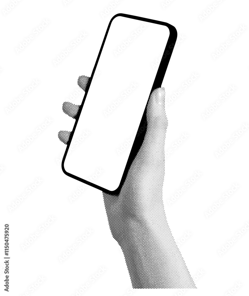 Poster hand holding a smartphone at an angle with a blank screen. retro, vintage grayscale design with half