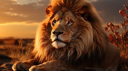 Naklejka premium Majestic African Lion at Sunset: A Portrait of Power and Serenity