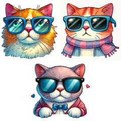 Cute cats in stylish sunglasses express playful personalities in vibrant artwork