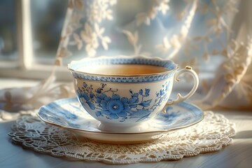 Fototapeta premium A delicate porcelain tea cup filled with warm tea, elegantly placed on a lace doily by a sunlit window.