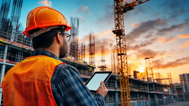 Engineer controlling a crane with a tablet, monitoring the equipment movement on a high-tech construction site