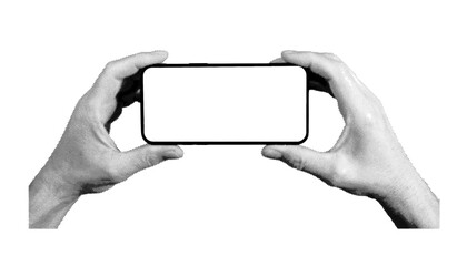 Hand holding a smartphone in a horizontal position with a blank screen. Retro, vintage design with dotted texture. Vector illustration isolated on white background.