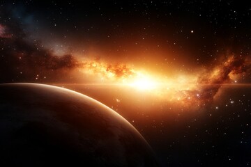 Fototapeta premium Stunning cosmic landscape with a luminous galactic core and distant celestial bodies captured in deep space