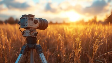 Camera on tripod capturing sunset over golden field.