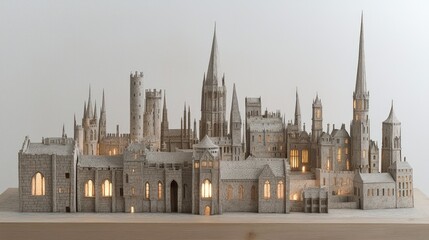 Obraz premium Illuminated miniature medieval city skyline model.