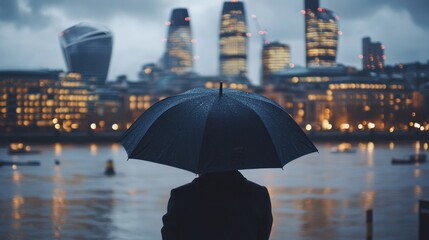 Person with umbrella overlooking rain-soaked city at night.