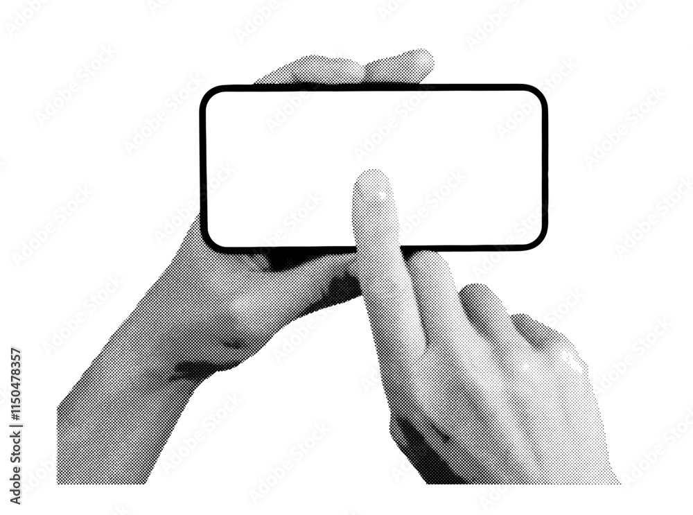 Aufkleber hand holding a smartphone in a horizontal position with a blank screen. retro, vintage grayscale des