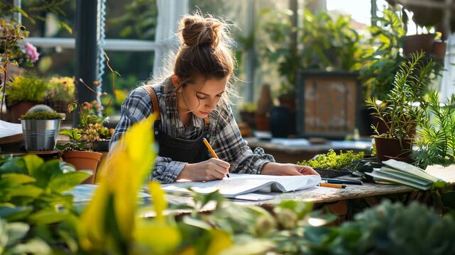 Young woman creating a gardening plan in a sunlit greenhouse filled with vibrant plants and greenery