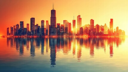 Fototapeta premium Vibrant Sunset Over City Skyline Reflected in Water Surface