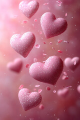 Obraz premium Paper pink hearts flying on a soft pink background with copy space.